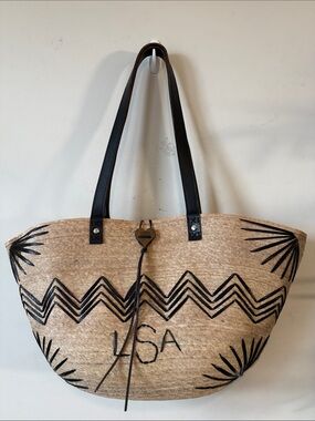 Corazon Playero Embroidered Natural Straw Tote with Black Trim